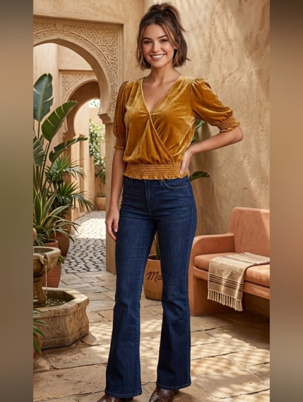 Madewell Golden Mustard Velvet Smocked Wrap Blouse